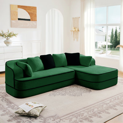 Indoor Sofa, Teddy Fabric Boneless Sofa With Contrast Color Design, L-Shaped Chaise, No Assembly Needed, Ideal For Living Room Comfort