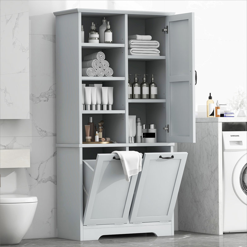Bathroom Storage Cabinet With Adjustable Shelf, Freestanding Cabinet With Tilt-Out Laundry Hamper, Gray