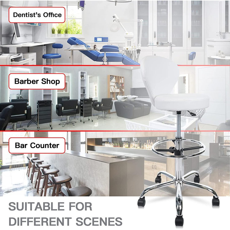 Backed Adjustable Height Ergonomic Lab Stool with Footring Wheels, White