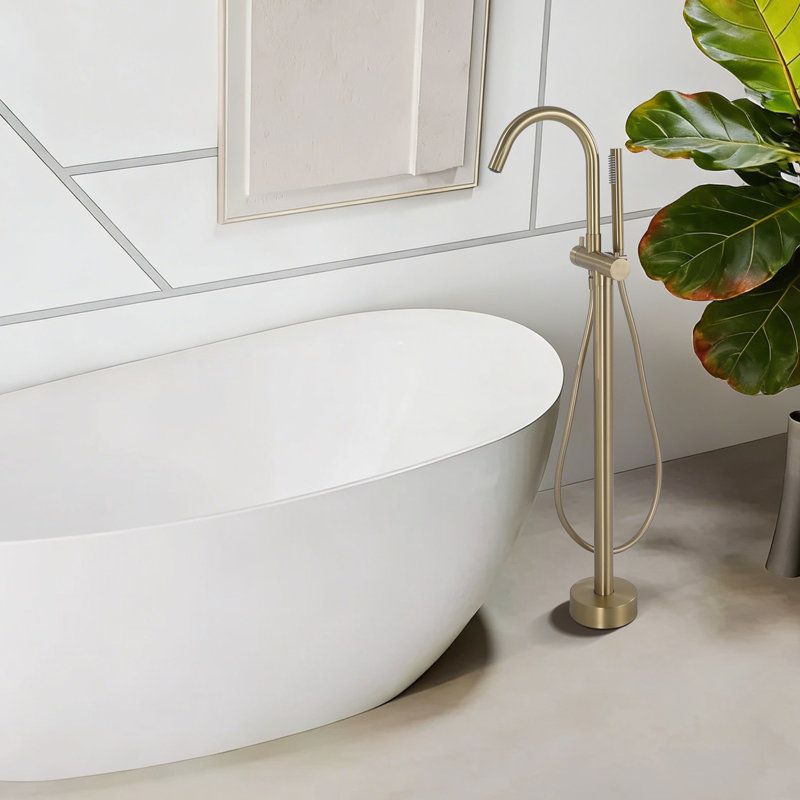 39"H Single Handle Floor Mounted Freestanding Tub Filler With Handheld Shower, Brushed Gold