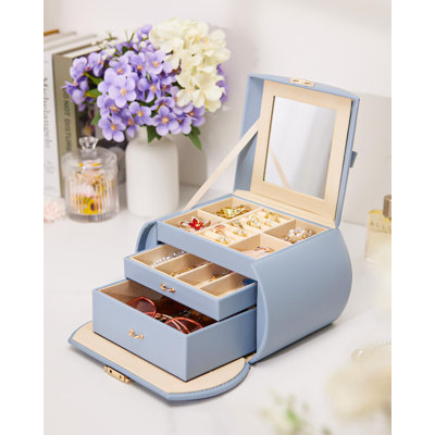 Boîte à bijoux pour filles avec rangement en simili cuir et miroir (gris bleu)