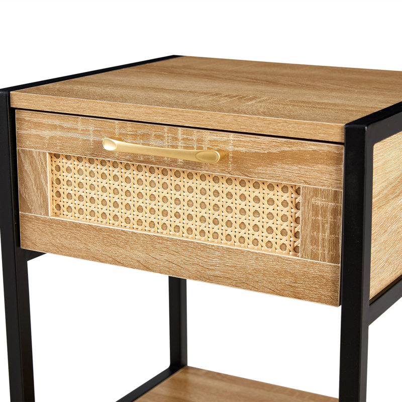 Natural Rattan and MDF Nightstand with Metal Legs and Storage