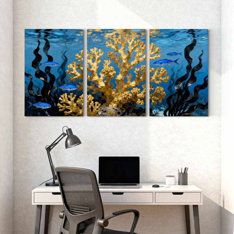 Underwater Coral Reef Fish Scene Art Print Set of 3 Canvas Wall Art Prints, 18" H x 36" W