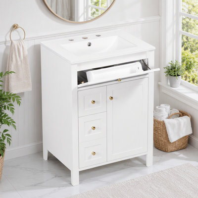 Meuble-lavabo de salle de bain avec porte à fermeture en douceur, plusieurs tiroirs et lavabo en céramique
