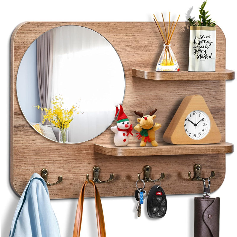 Key Holder For Wall With Shelf,Wooden Key Rack With Key Hook With Mirror And 4 Key Hooks For Rustic Entrances Hallways Living Rooms And Bedrooms 16"X12"