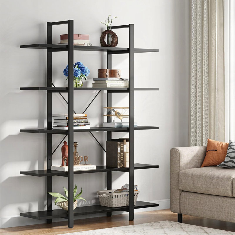Five-Tier Vintage Industrial Bookshelf Storage Unit, Black