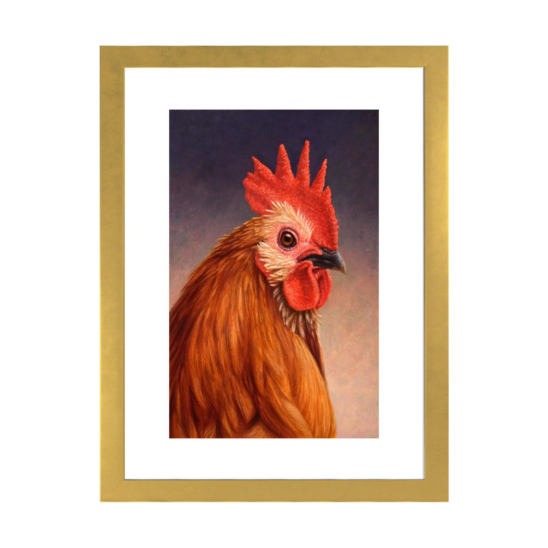 Coq par James W. Johnson - reproduction d'art, Papier encadré doré, H 24 po x l 16 po x P 1 po, Blanc