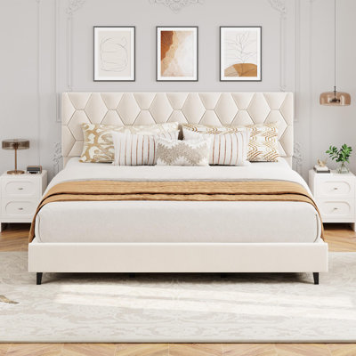  Adjustable Headboard King Bed Frame - Upholstered Platform, Heavy Duty Wooden Slats, Noise-Free, Easy Assembly, No Box Season Needed, Modern Bedroom Furniture, Ivory White, Size: KING