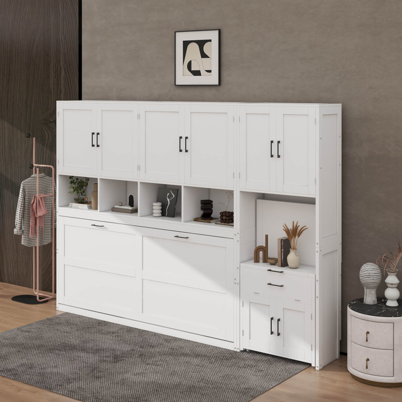 Lit escamotable simple avec placard, tiroirs et bureau