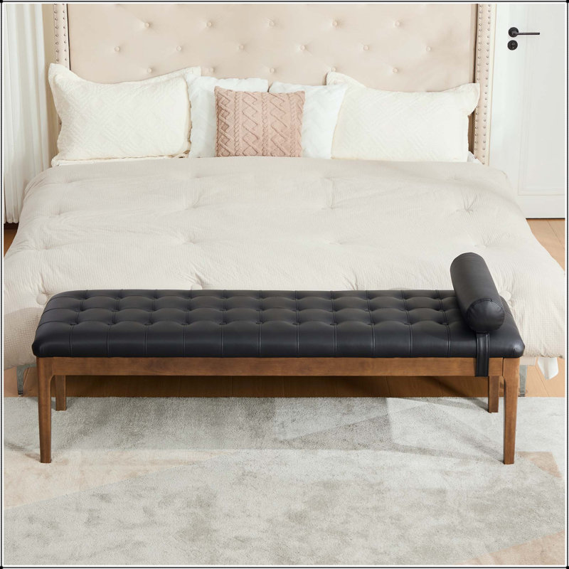 Banc de lit 66 po en cuir de nano avec capitonnage et appui-tête, Noir, Noir