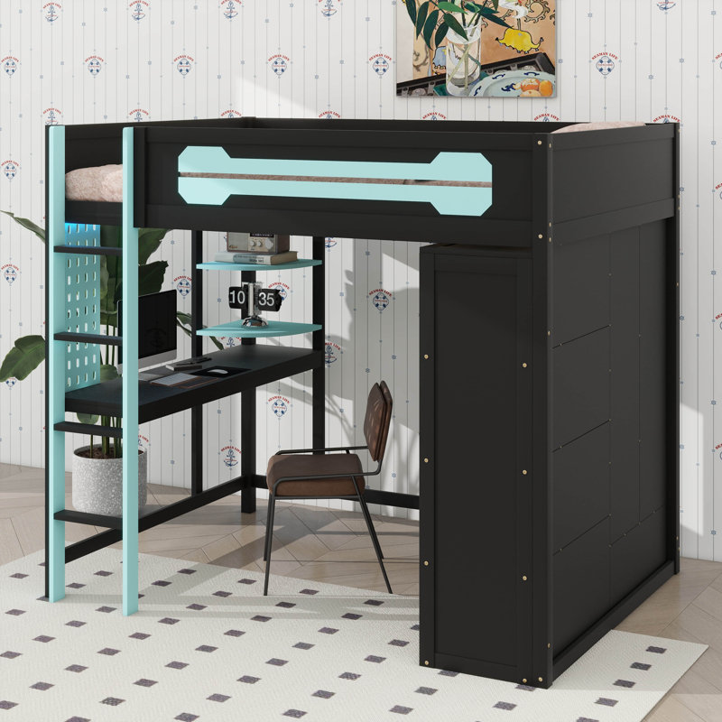 Lit mezzanine double avec bureau et garde-robe ouvert, lit mezzanine en bois avec espaces de rangement et éclairage RVB, Vert
