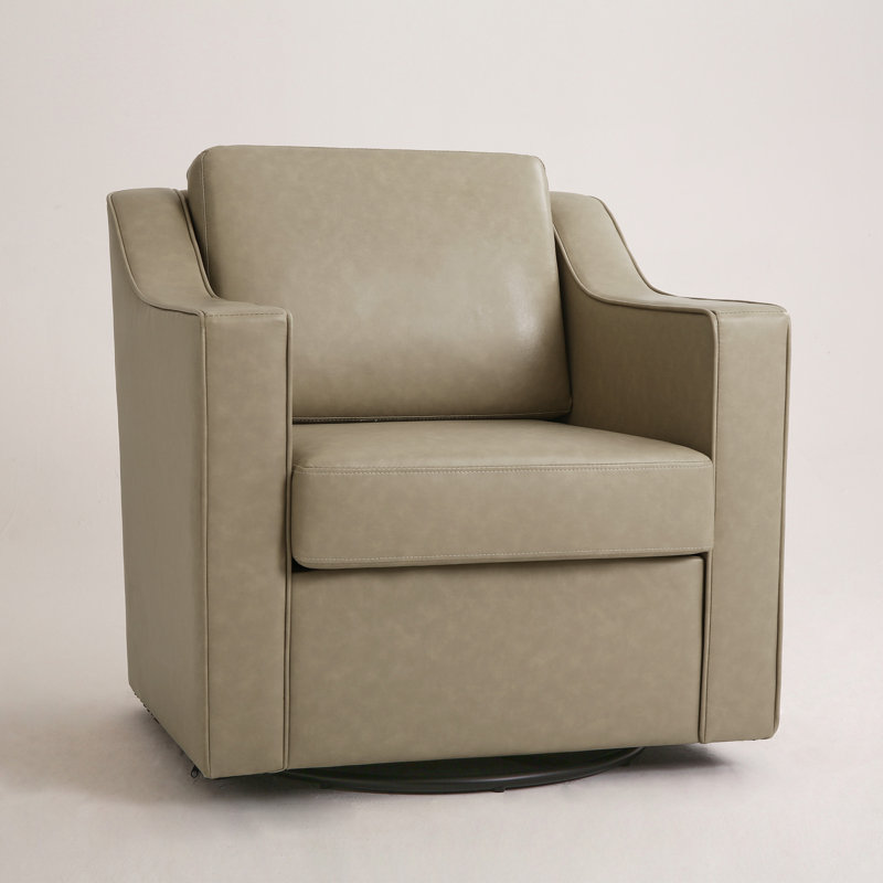 Bronnen Big And Wide Upholstered Cream Faux Leather Cushion Swivel Armchair with Removable Back and Seat Cushion, Cream