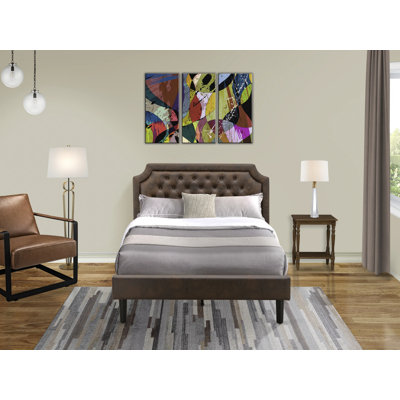 Ensemble de lit double plateforme 2 pièces avec cadre de lit double capitonné et une petite table de bout en noyer antique - similicuir brun foncé avec texture noire et pieds noirs