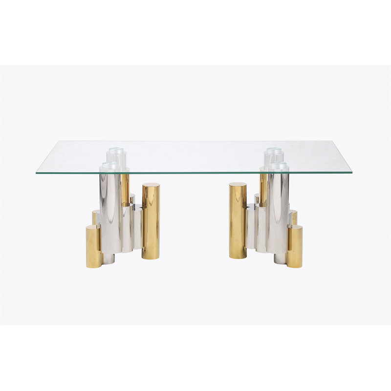 Table basse d'appoint rectangulaire en acier inoxydable pour le salon - table de centre élégante et moderne de 48 po avec verre trempé transparent (y compris la table basse, sans les chaises)
