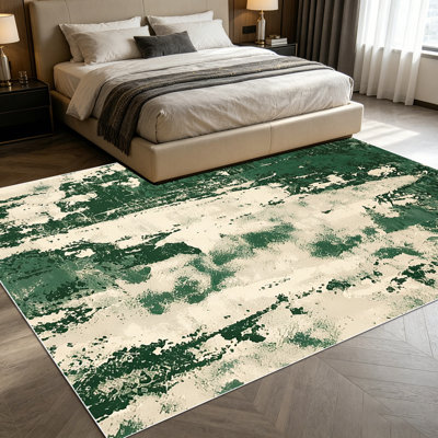 1PC Vintage Distressed Emerald Green & Beige Abstract Brush Stroke area rugs for Living Room, Soft and Comfortable, Suitable for all seasons, easy-to-maintain, machine washable Indoor floor mat, Under Table Farmhouse suitable for dining room,