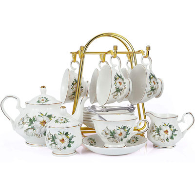 Tea Cup Set 22-Piece Porcelain Ceramic Coffee Tea Gift Sets Cups Saucer Service For 6 Teapot Sugar Bowl Creamer Pitcher And Teaspoons Tea Pot Sets(Cam -  Red Barrel StudioÂ®, BACBF63FF409443F84BE028F1B7255A4