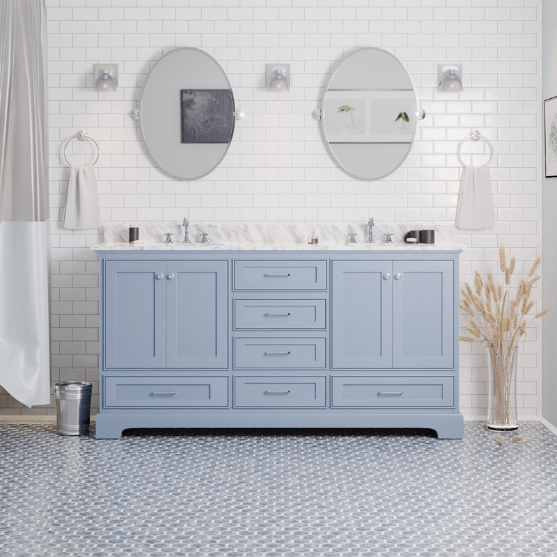 Ensemble de meuble-lavabo double 72 po Larosa, Bleu poudre, Marbre de Carrare
