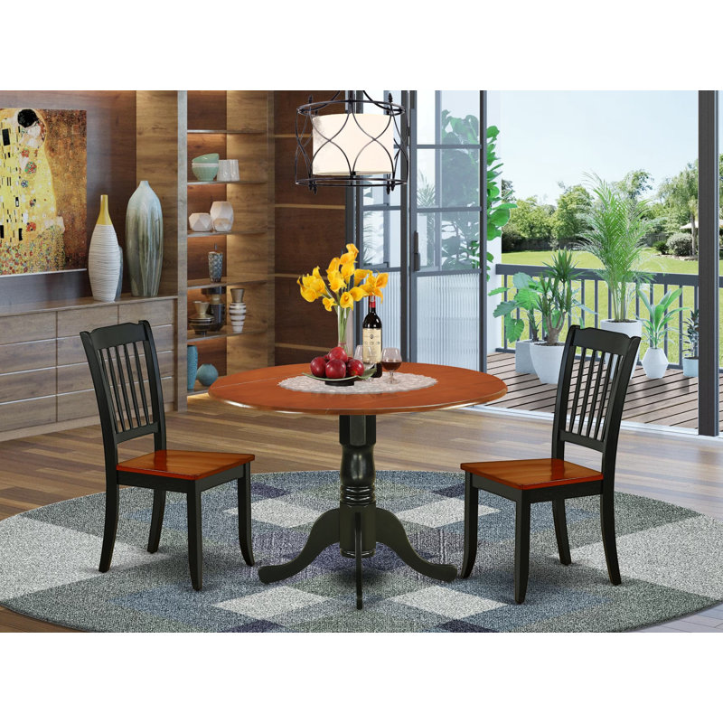 3 Piece Dining Room Table Set Contains a Round Kitchen Table with Dropleaf and 2 Dining Chairs, Black & Cherry, Cherry/Black