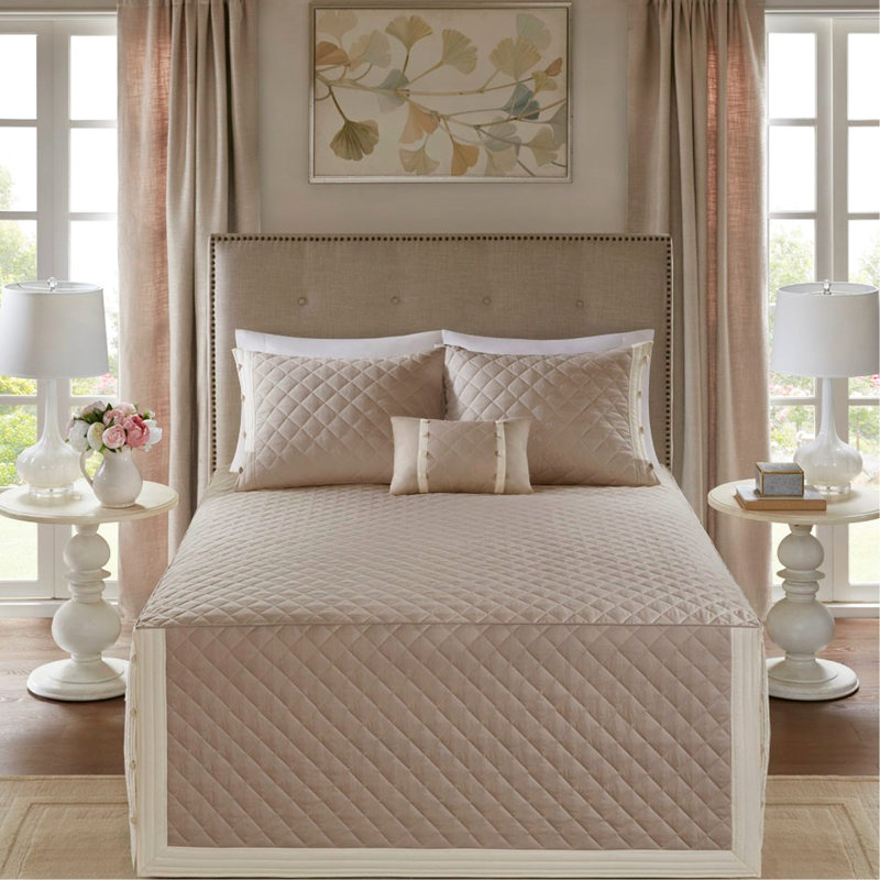 Queen Bedspread In Khaki Cotton With Cover Size 100% Fabric, Queen Comforter + 3 Additional Pieces