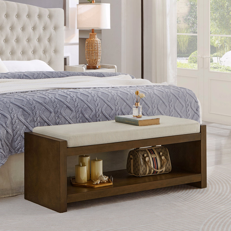 Accent Bench With Lower Shelf Shoe Rack, Padded Seating Bench, Beige, 18.5" H x 40" W x 16.25" D