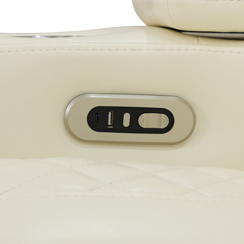 Fauteuil inclinable électrique de 37 po en cuir avec accoudoirs de rangement et lumières DEL bleues, Crème, crème