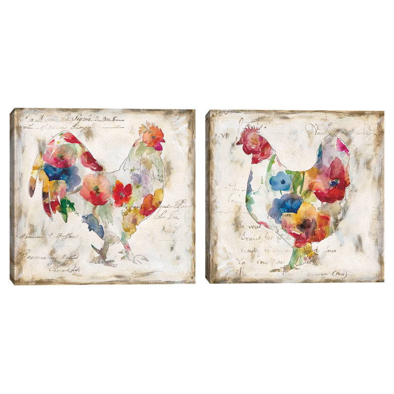 «Flowered Hen & Rooster», ensemble de 2 reproductions d'art sur toile en rouge / vert / bleu, H 12 po x l 12 po x P 1,5 po