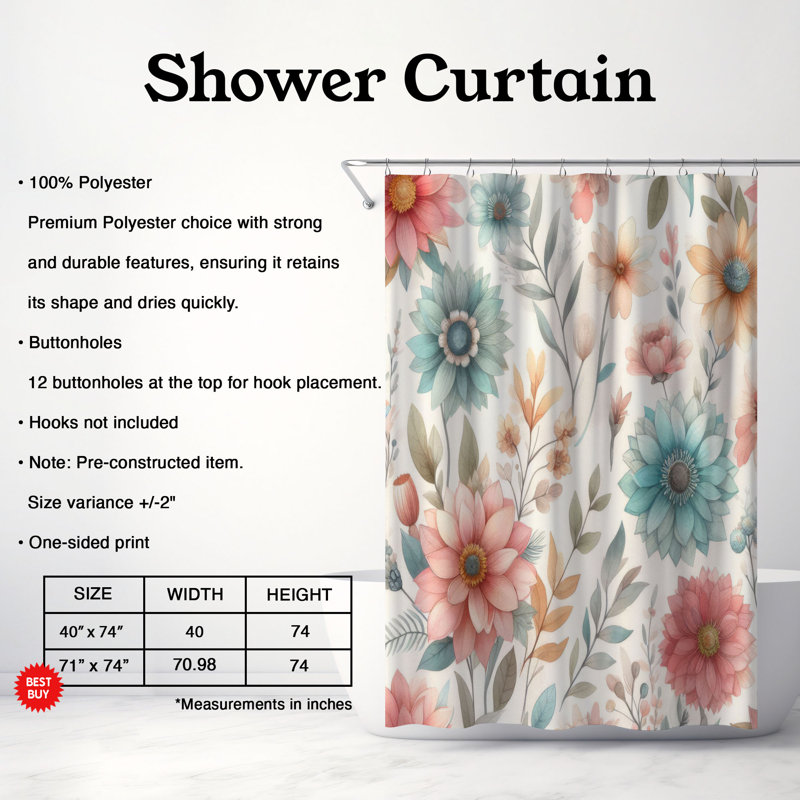 Dalanyn Bohemian Blossoms - Rideau de douche standard 1 pièce, H 74 po x l 71 po