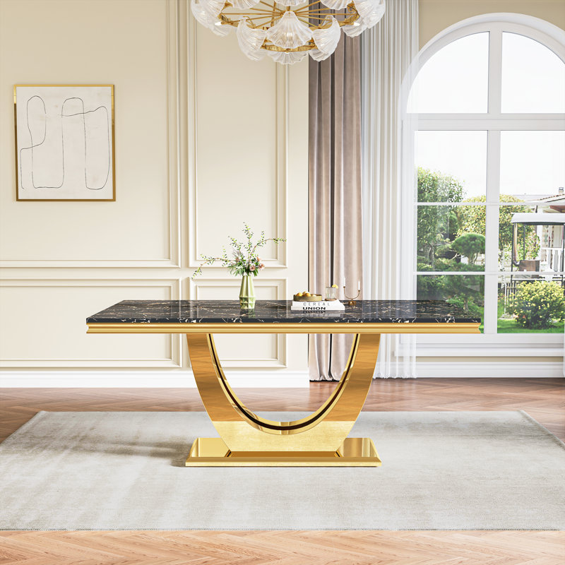 70.08" Luxury Rectangular Dining Table With Mirrored Double U-Base, Black, Gold