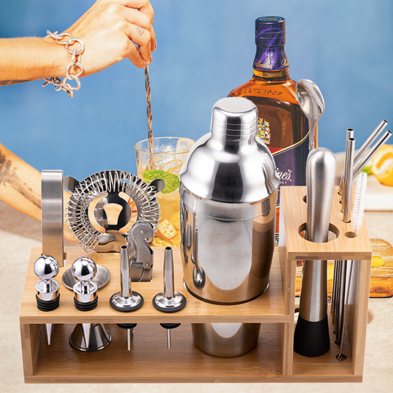 17 Piece Bartender Kit - Bar Tool Set Cocktail Shaker Set - With Rayon From Bamboo Stand