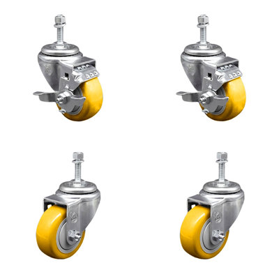 3 Inch_Polyurethane Wheel Swivel 10mm Threaded Stem Caster Set 2 Brakes