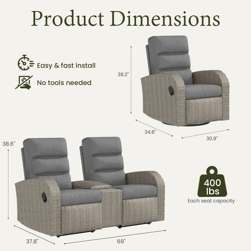 Oversized Wicker Outdoor Reclining Loveseat Sofa Set, 2-seater Recliner Couch With Storage & Cup Holder, Dark Grey, Grey