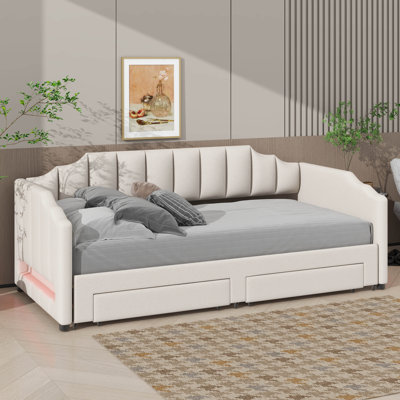 Twin XL Size Daybed With Built-In Compartment & Roll-Out Trundle, Upholstered Daybed With LED Lighting System