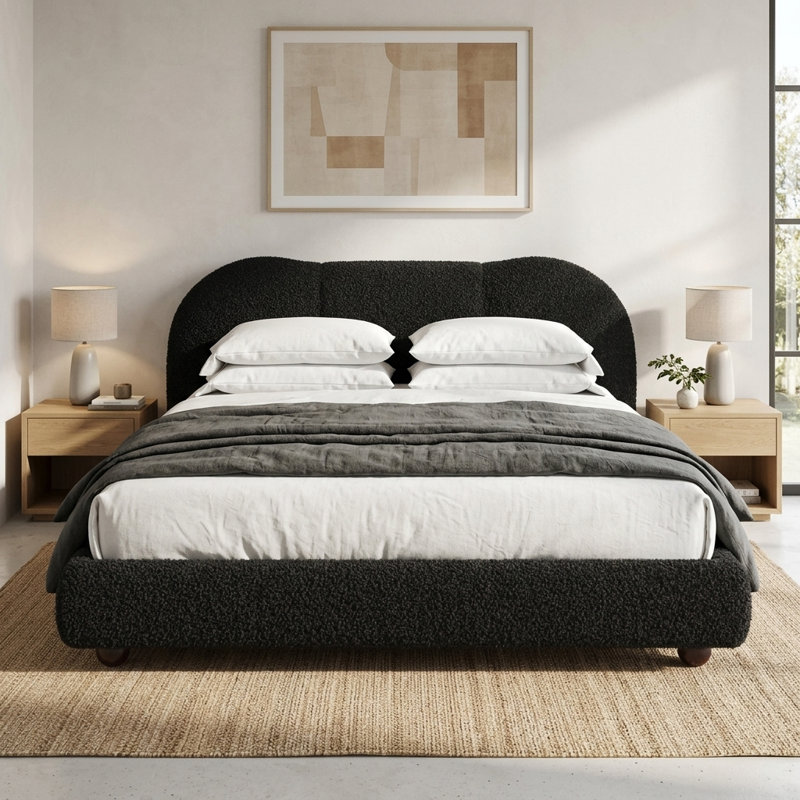 Cadre de lit plateforme rembourré avec tête de lit courbée en boucle, cadre de lit moderne avec support à lattes en bois, aucun sommier requis