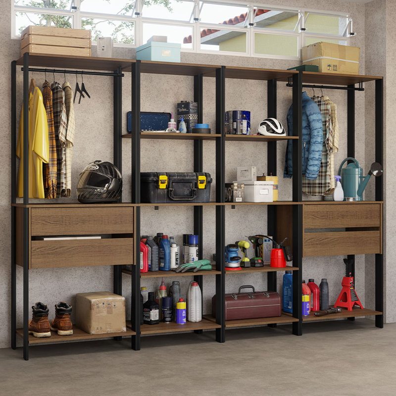  Garage Storage Rack with 4 Drawers, Open Shelves and Hanging Spaces 102"L Multiuse Modular Organization Cabinet for Tools - Black/Brown