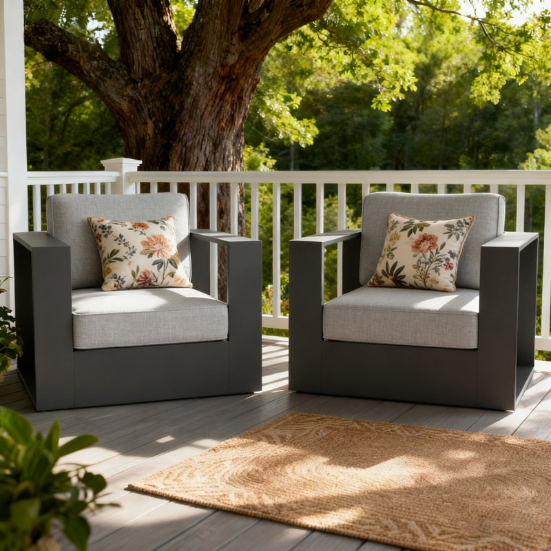 Outdoor Lounge Chair, Grey Cushion/Black Frame
