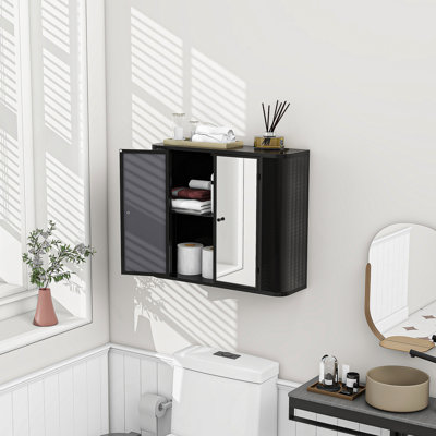 Armoire de salle de bain murale noire avec miroir, 2 portes en miroir et tablette ouverte, armoire de rangement en métal de style campagnard avec compartiment ouvert pour meuble-lavabo, toilette et évier