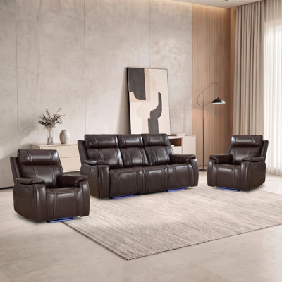 Ensemble de salon inclinable électrique en similicuir 3 pièces avec deux fauteuils inclinables, un canapé, une table rabattable et des décorations à DEL