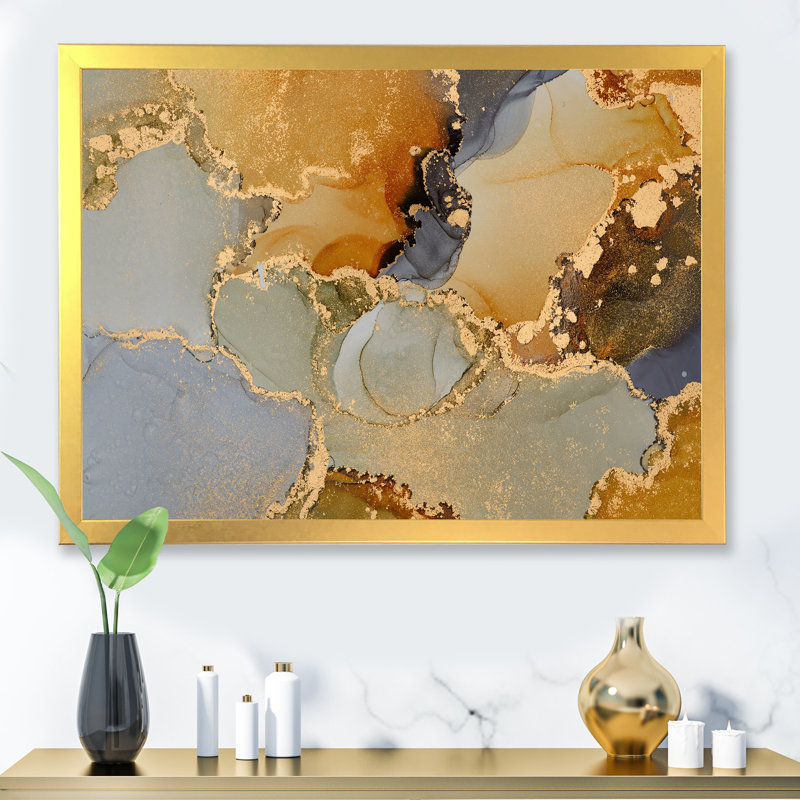 Art abstrait fluide brun et noir - peinture sur toile, H 24 po x l 32 po, Cadre de coin fermé, Doré