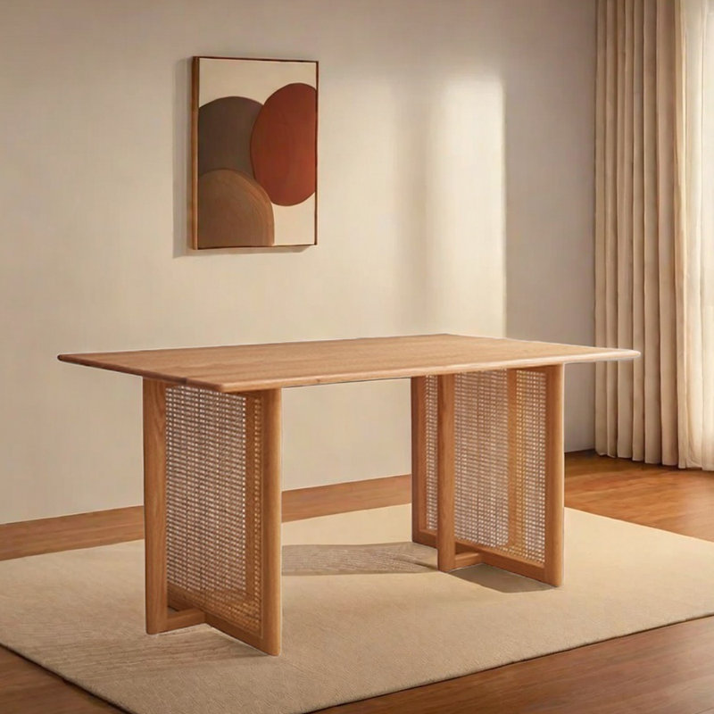 Durable Rectangular Red Oak Rattan Dining Table, 29.13" H x 70.86" L x 33.46" W