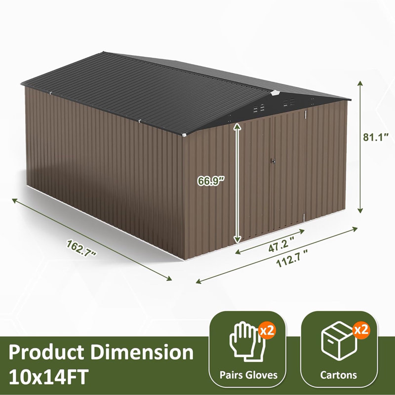 10 ft. W x 14 ft. D Outdoor Metal Shed Storage with Reinforced Steel Frame and Lockable Doors, Brown