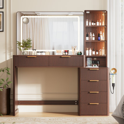 48"W Fluted Makeup Vanity Desk with 6 Drawers, Big Lighted Mirror, Glass Top, Power Outlet & Adjustable Shelves