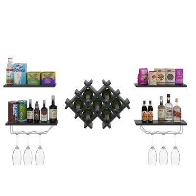 Filadelfio Wall Mounted Wine Bottle & Glass Rack in Black