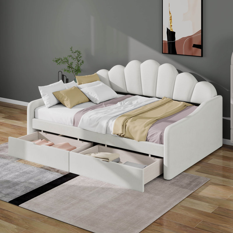 Structure de lit plateforme double pleine grandeur avec dossier et tiroirs de rangement, Beige