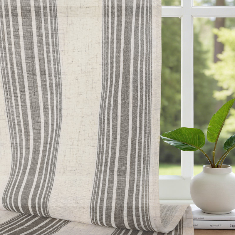 Rideaux semi-transparents en lin avec motif à rayures Chris, Gris, L 52 po x L 96 po