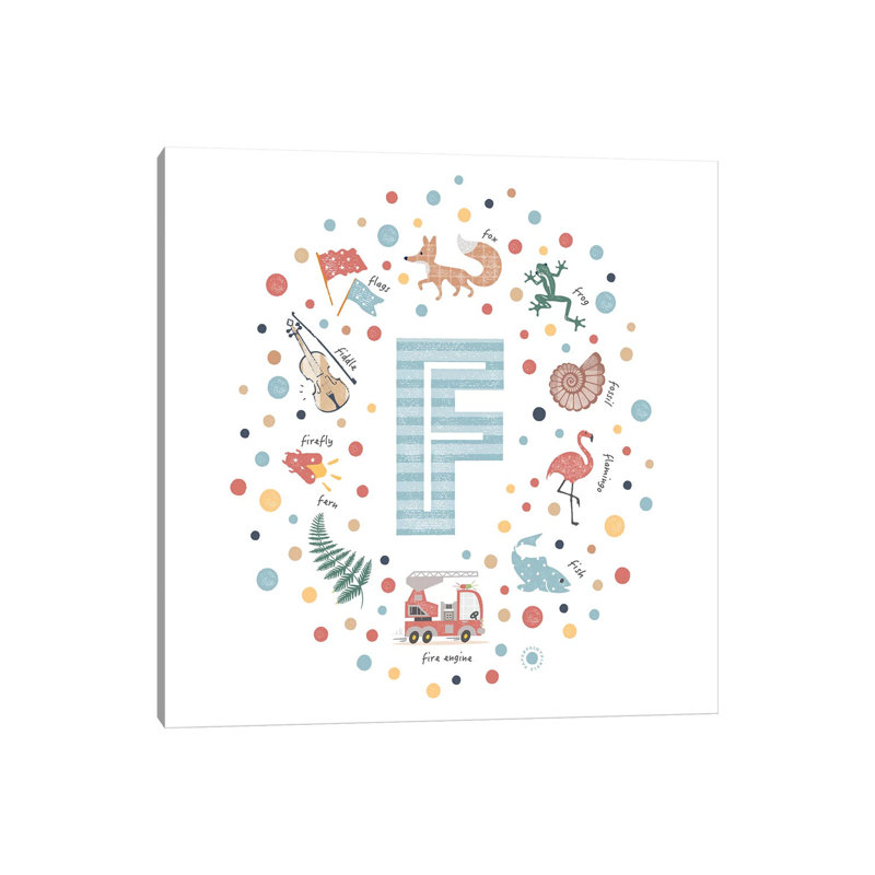 Lettre illustrée F bleue - impression, H 37 po x l 37 po x P 1,5 po, Toile tendue, Pas de tapis