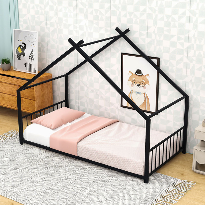 Charming House-Inspired Metal House Bed With Slats, Twin, Black