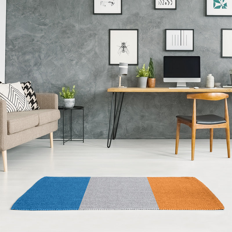 Tapis à rayures bleues/argent/orange, Rectangle 5 pi x 7 pi