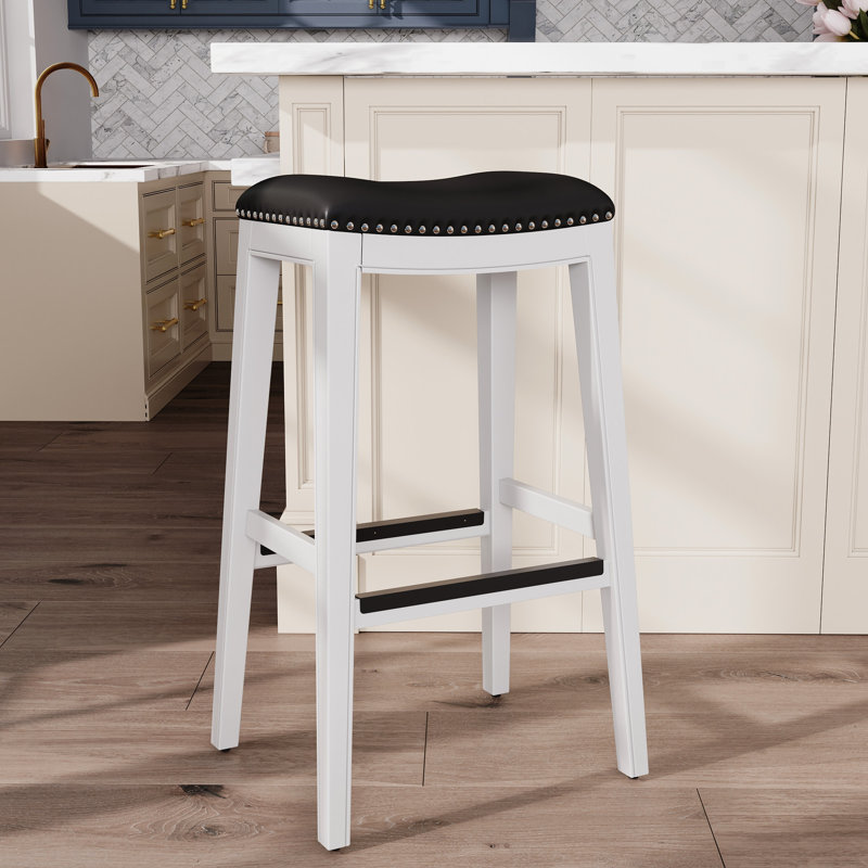 Tabouret de bar de 30 po, cuir blanc et noir, fabrication en bois franc massif, rehausse le style du tabouret de cuisine en finition, revêtement de siège en cuir, pour