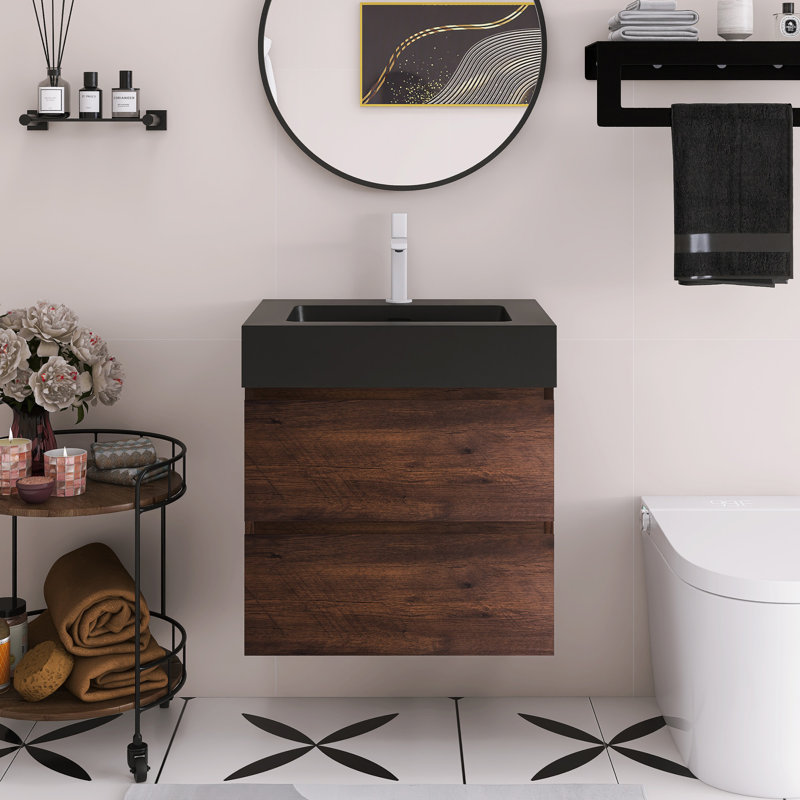 Meuble-lavabo mural 24 po avec lavabo, Noir, Brun
