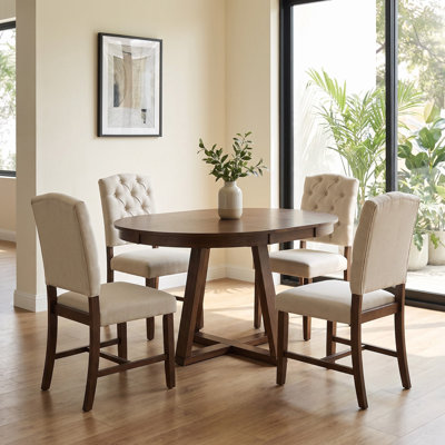 Ensemble de salle à manger extensible rétro 5 pièces avec table ronde et rallonge de 40 cm, 4 chaises rembourrées et pieds en forme de croix – Ensemble de salle à manger extensible pour salle à manger et salon